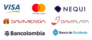 Métodos de Pago: Tarjetas de crédito VISA y Mastercar, Nequi, Davivienda, Davipata, Bancolombia, Banco de Occidente